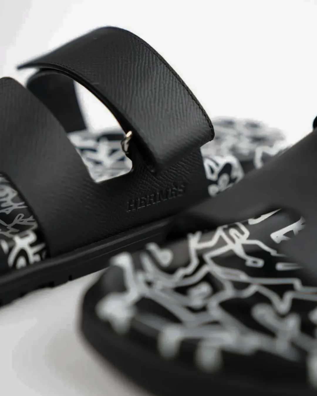 Herms Chypre Black and White with Graff Herms Print Sandals
