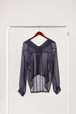 Needles SS23 Womens 'Floral Print Gathered Sheer' Blouse Blue (2023)