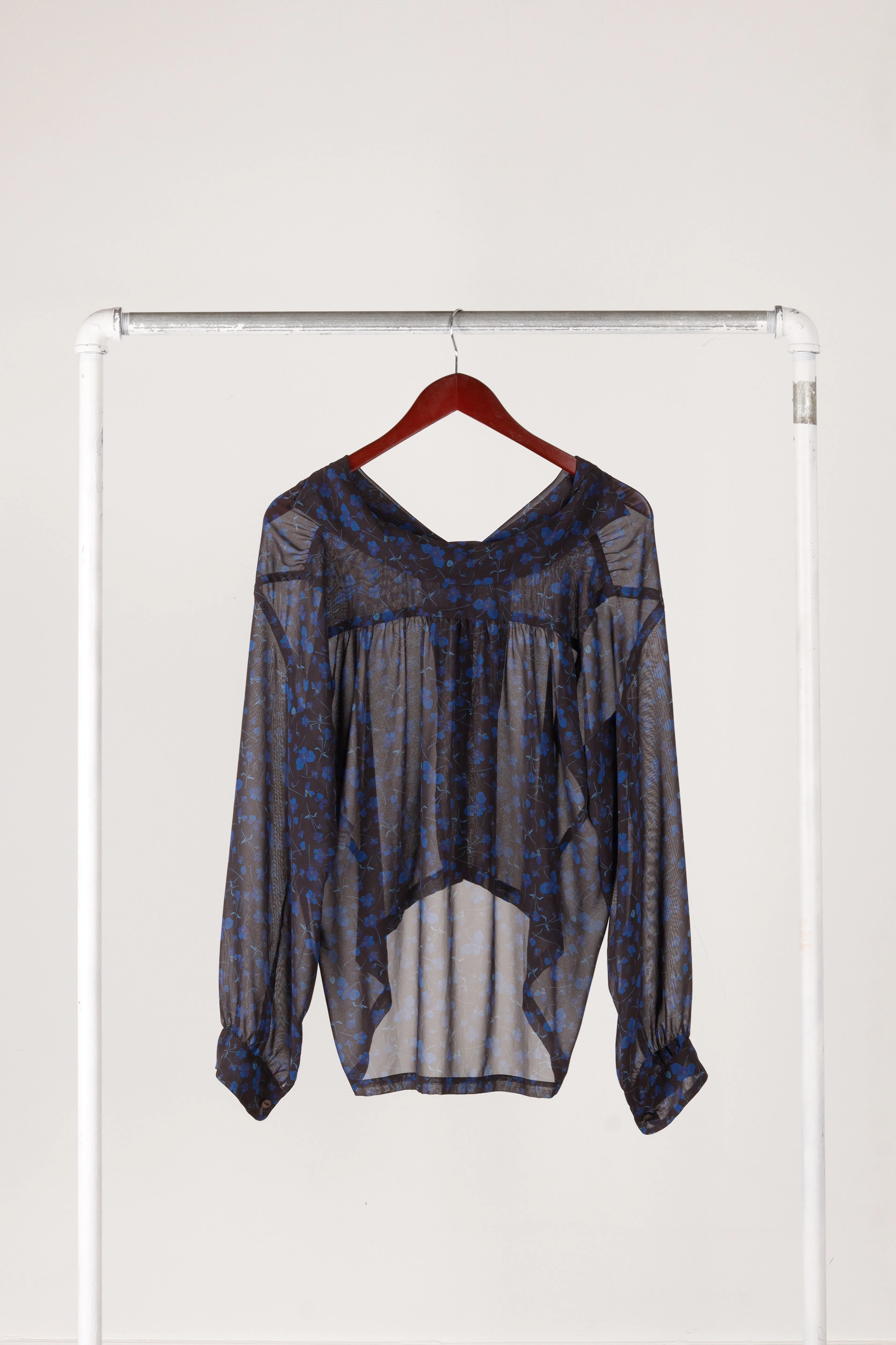 Needles SS23 Womens 'Floral Print Gathered Sheer' Blouse Blue (2023)