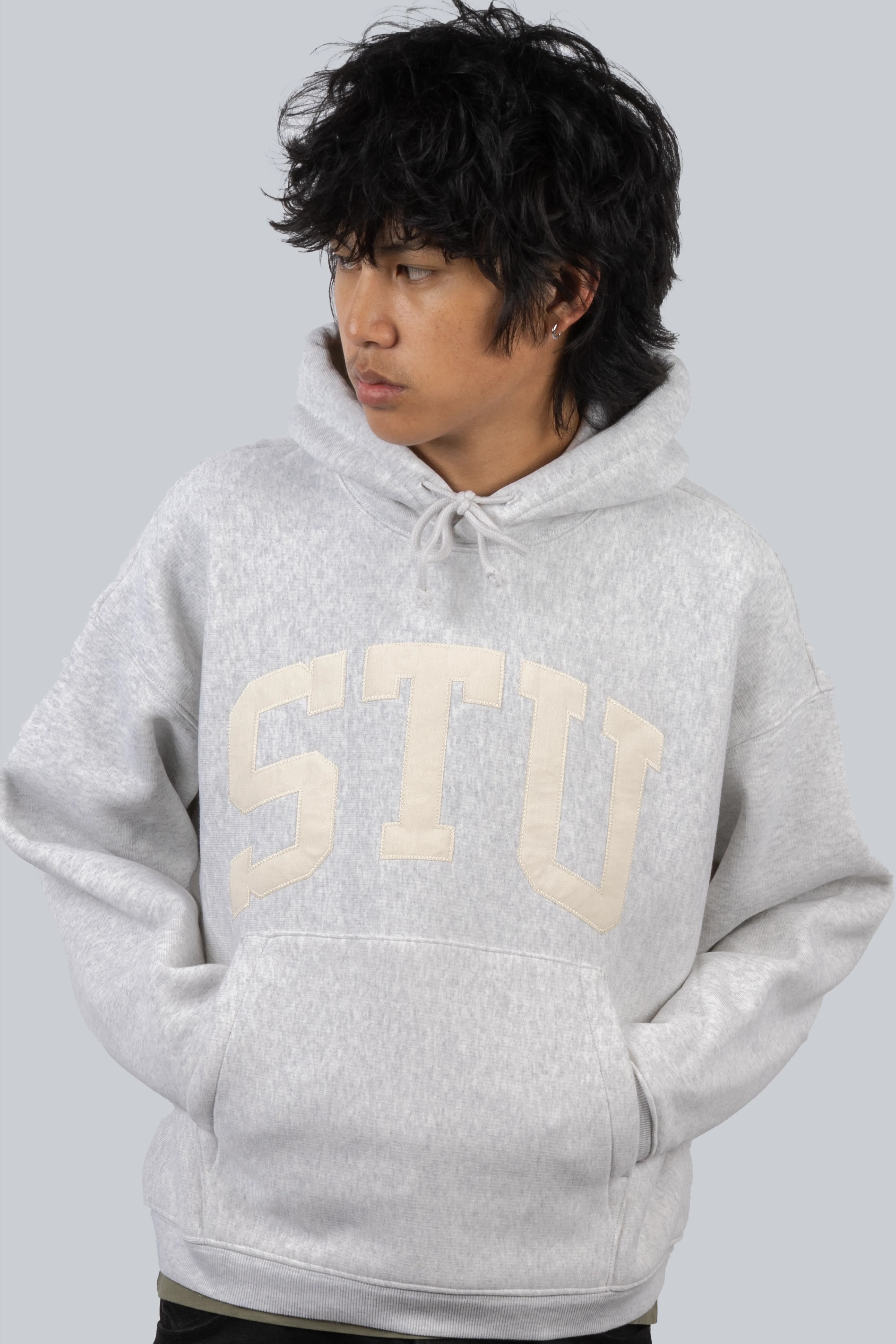 STUSSY STU APPLIQUE HOOD ASH HEATHER