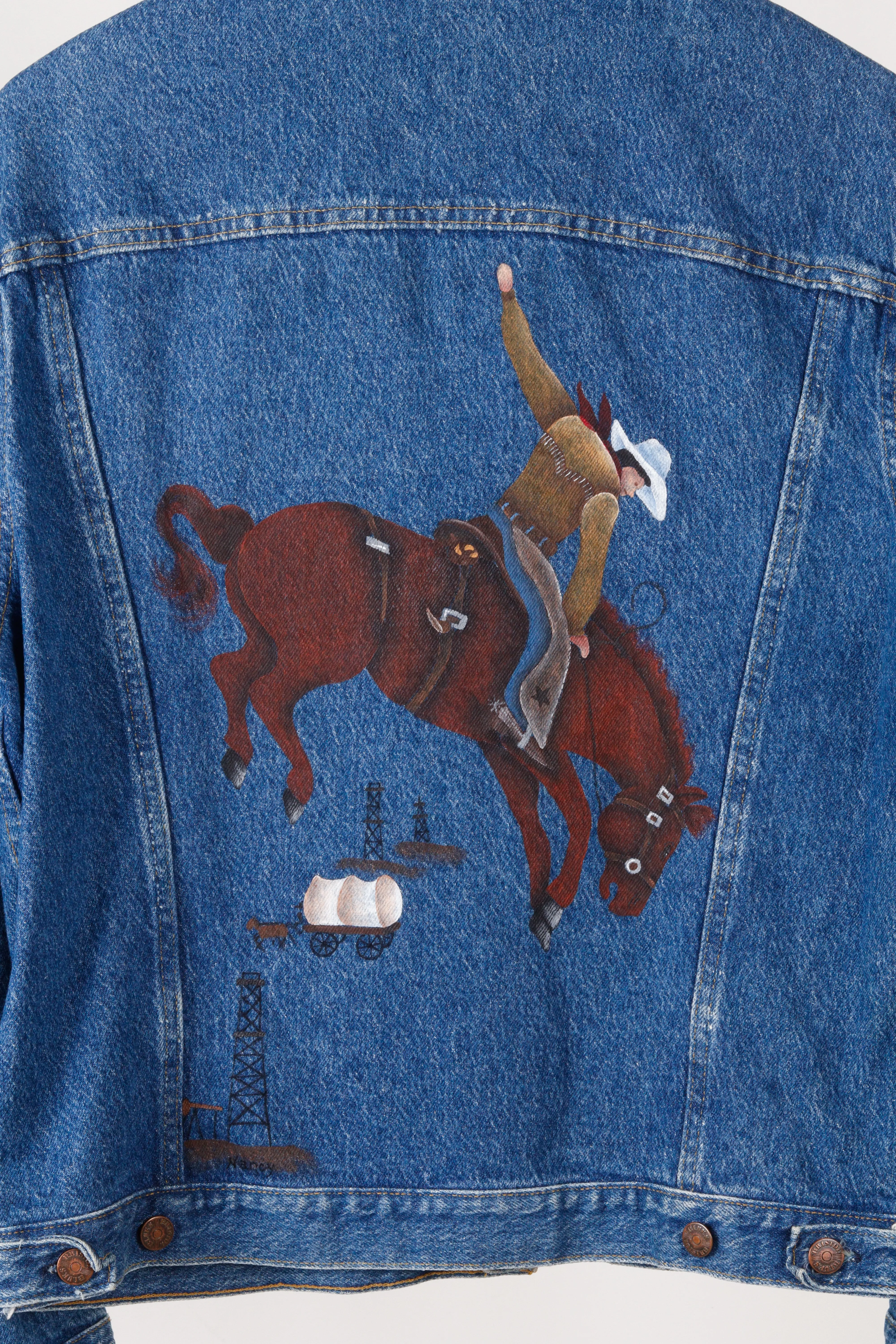 Vintage 70s Bristol Blues 'Hand Painted Cowboy Sooners' Denim Jacket Indigo